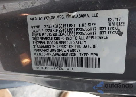 2017 Honda Odyssey Ex-L from USA, damaged, VIN 5FNRL5H63HB015089